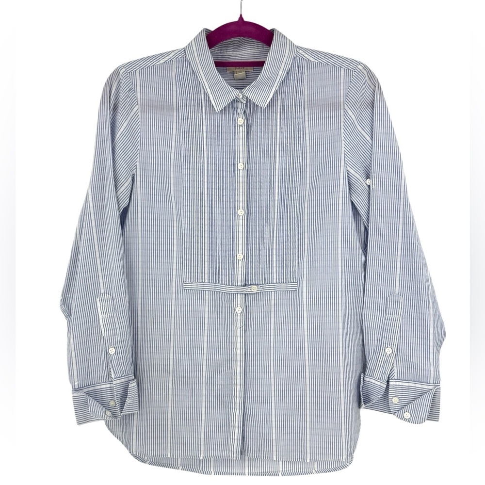 J.Crew Blue White Striped Pintuck Button-Down Shirt Women’s Size 4 Cotton - Picture 1 of 6